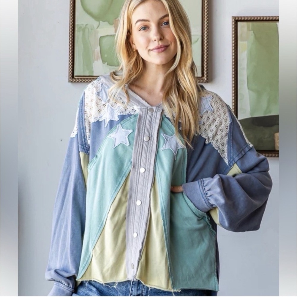 Oli and Hali Washed Star Top / Jacket Hoodie Patchwork NWOT Oversized Boho L - Picture 8 of 8